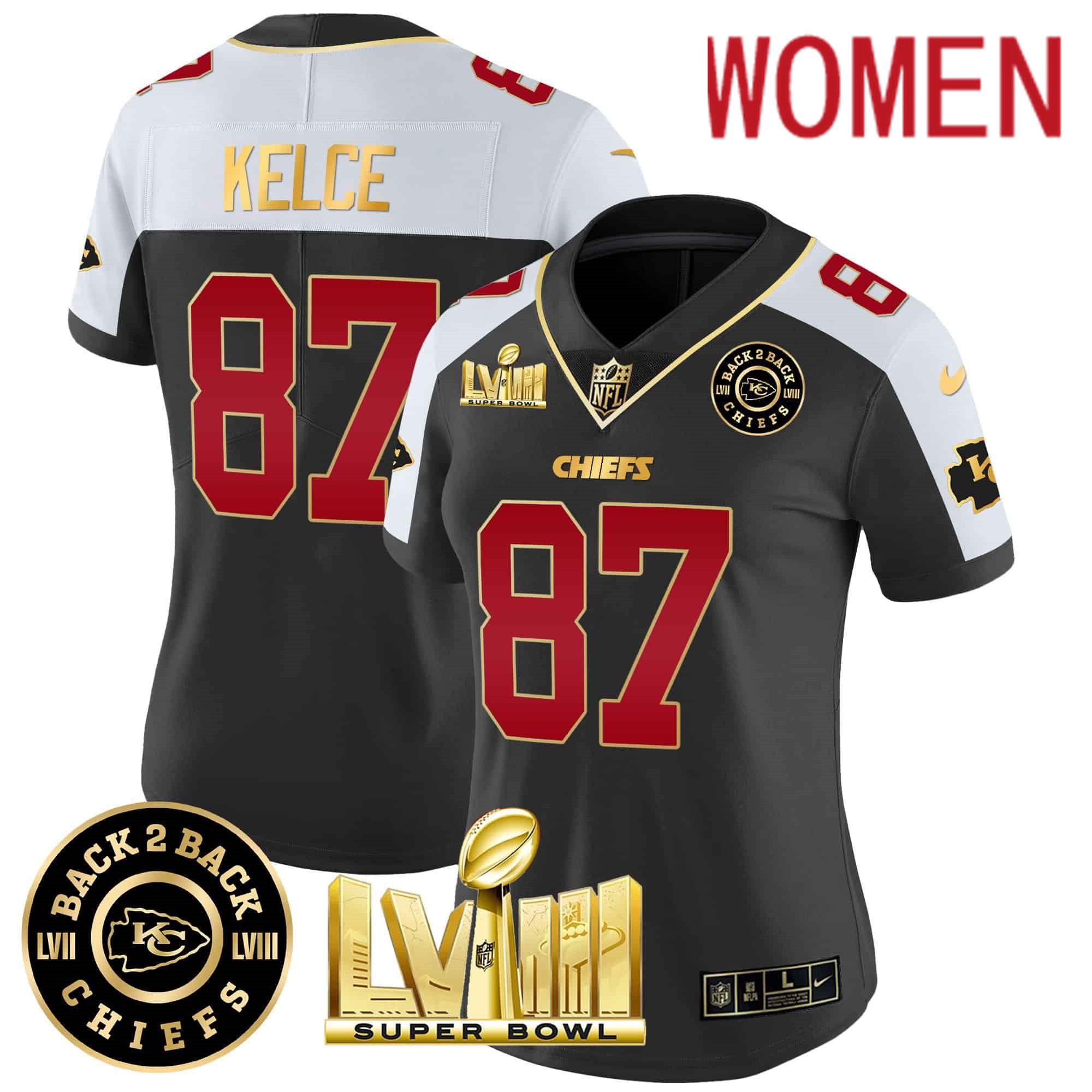 Women Kansas City Chiefs #87 Kelce Black 2024 Nike Super Bowl LVIII & Back-2-Back Patch Vapor NFL Jersey